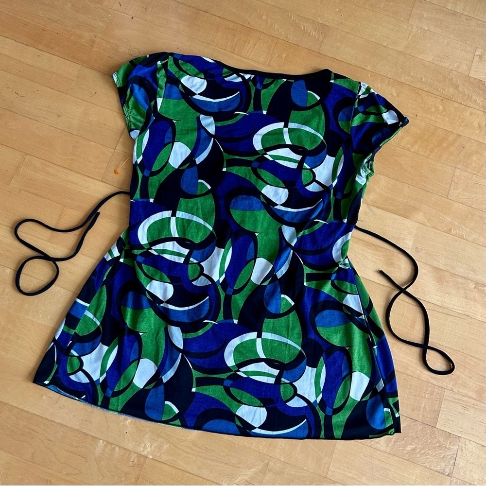 Ally B Abstract, Colorful Belted Blouse, Blue, Green, Green, White, Size L - Picture 4 of 17